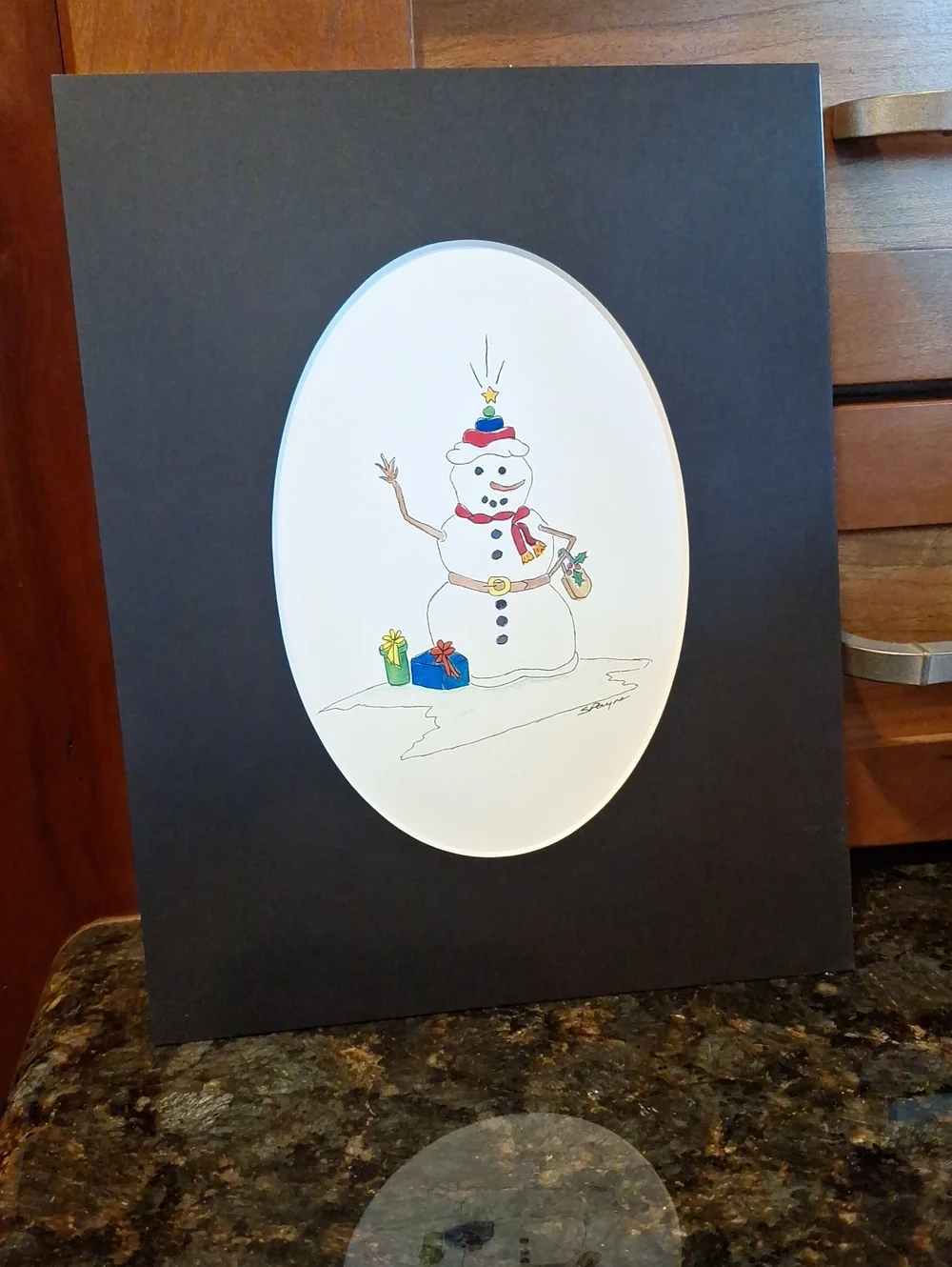 Original Watercolor Snowman Art Print in Black Mat. Mat Size 8×10